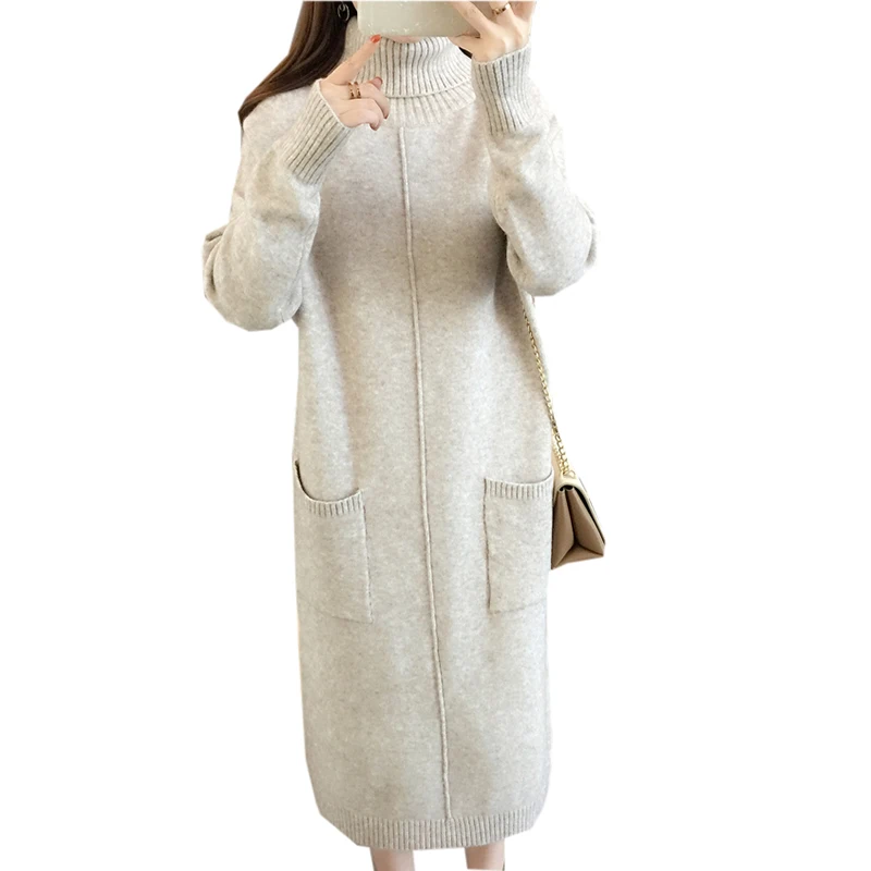 

Turtleneck Sweater Dresses 2018 Autumn Winter Knitted Long Sleeve Thicken Warm Dress Ladies ELegant Long Sweater Dresses FP1768