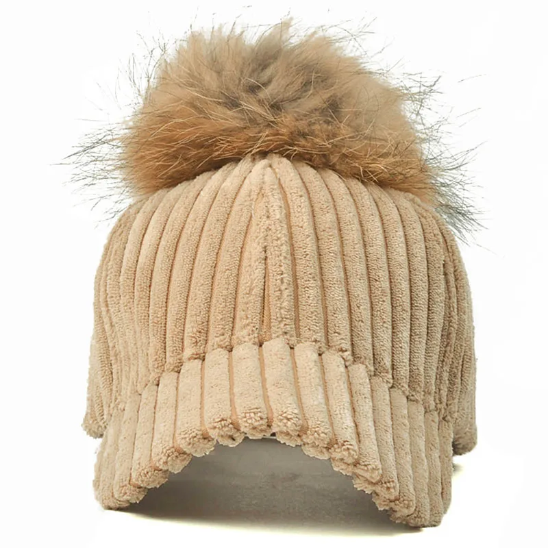 Бейсболка с помпоном из натуральной норки Вельветовая Кепка зимняя шапка для