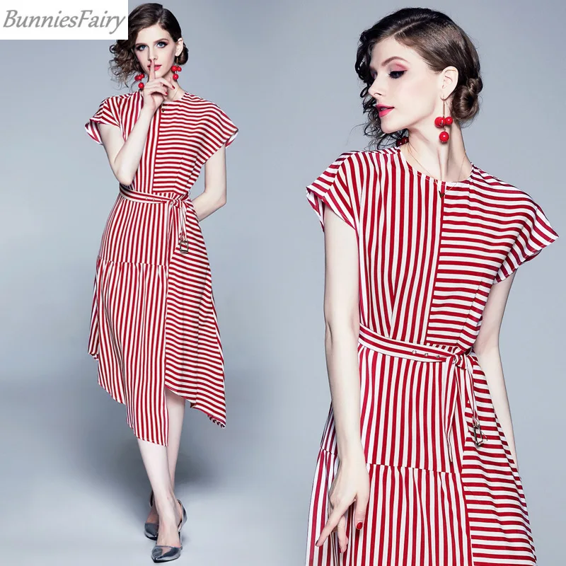 BunniesFairy 2019 летнее женское Простое Элегантное платье в красную полоску с цветочным