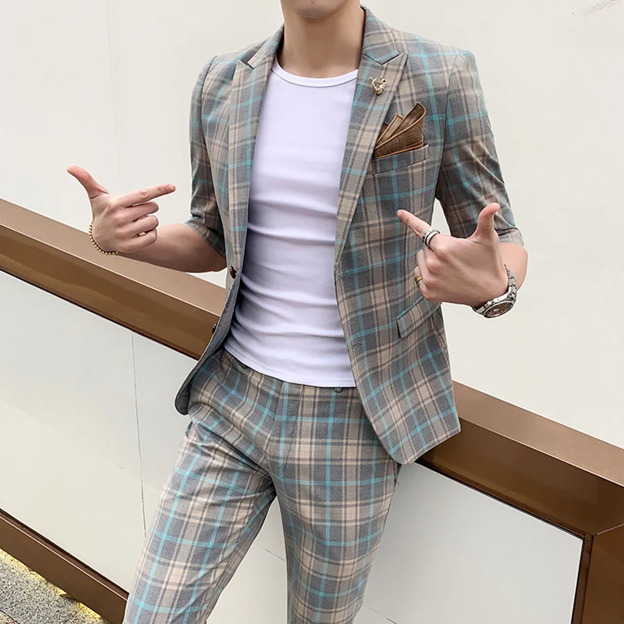Мужской Клетчатый костюм с рукавом до локтя пиджак двумя пуговицами приталенный
