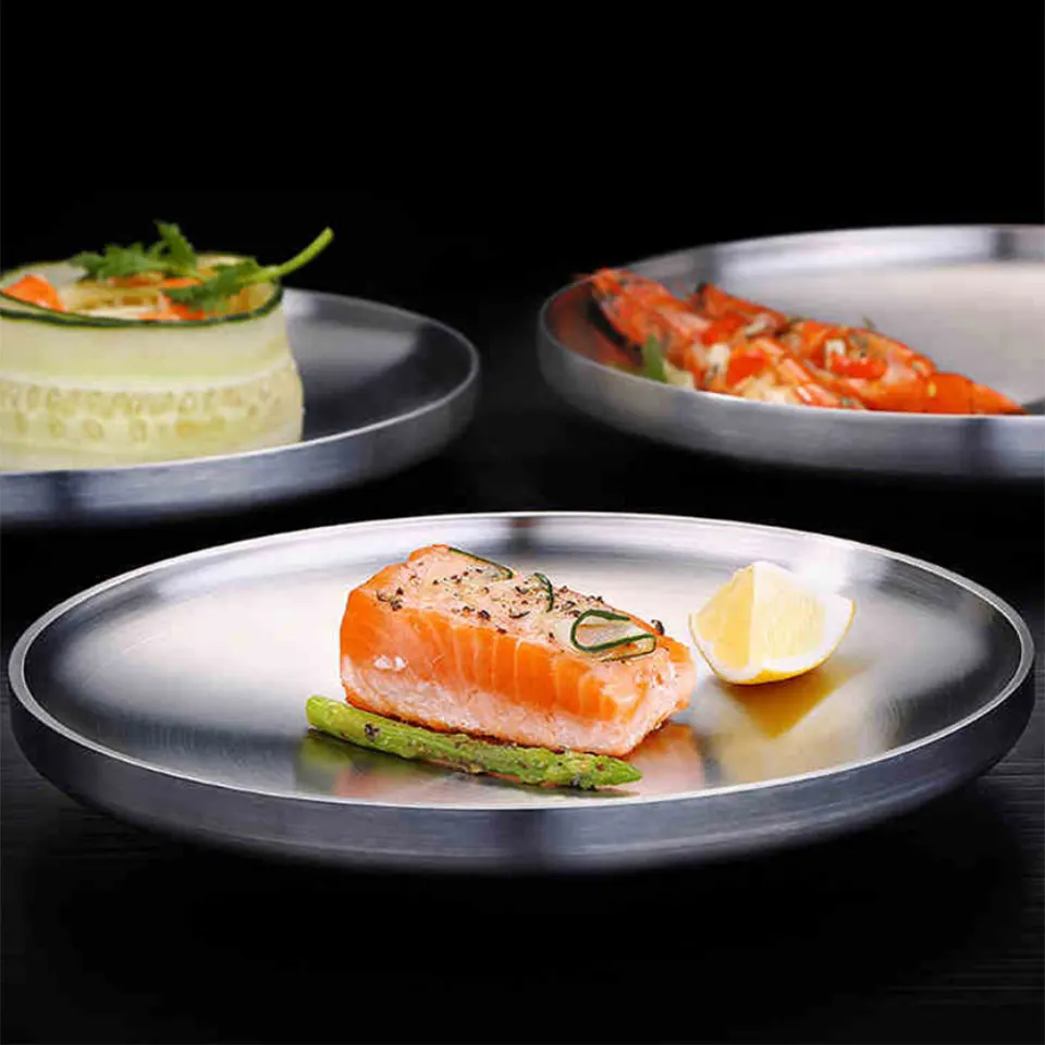 Обеденные тарелки из нержавеющей стали круглый поднос для западного стейка