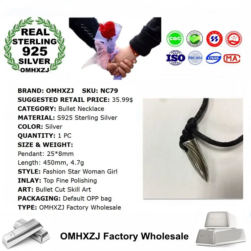 OMHXZJ Wholesale Personality Fashion OL Woman Girl Party Wedding Gift Silver Bullet S925 Sterling Pendant Necklace NC79 | Украшения и