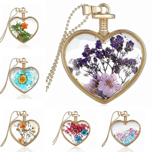 Женское Сердце Love Charm кулон с высушенным цветком колье Золотая цепь подарок