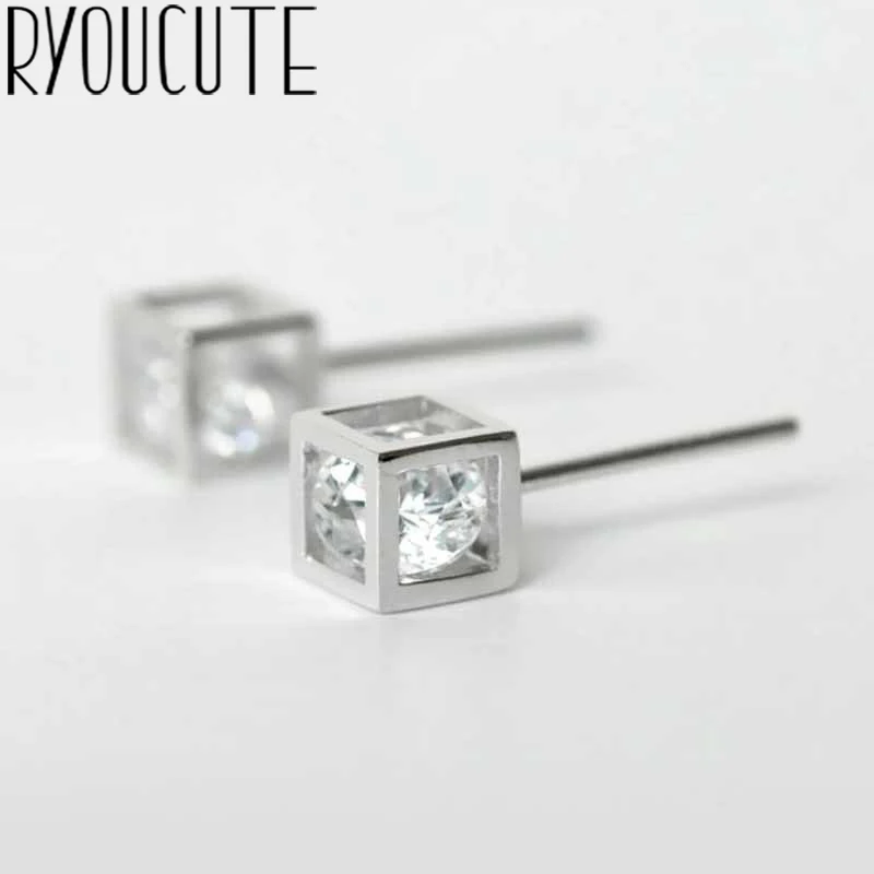 Женские серьги с цирконом RYOUCUTE кубики из настоящего серебра 100% пробы в Корейском