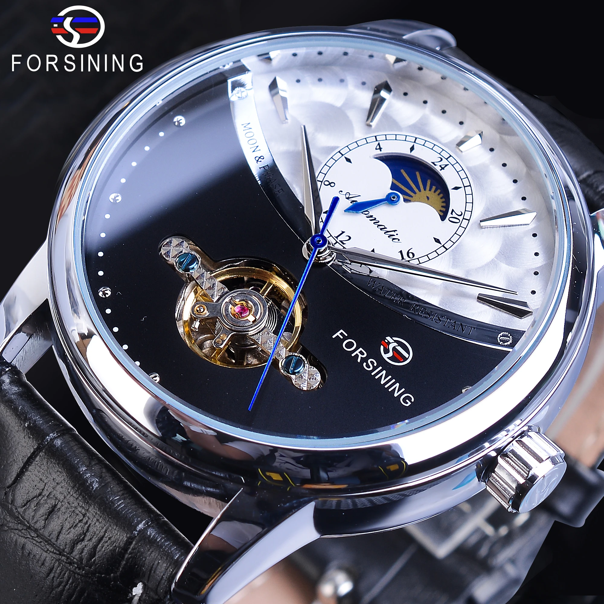

Forsining Skeleton Automatic Mechanical Watch Mens Genuine Black Leather Band Sun Moon Display Fashion Wristwatch Relojes Hombre