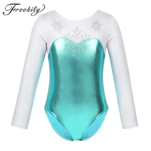 Детский цельный купальник с длинными рукавами, блестящие стразы металлик, снежинка, балетная гимнастика, Одежда для танцев