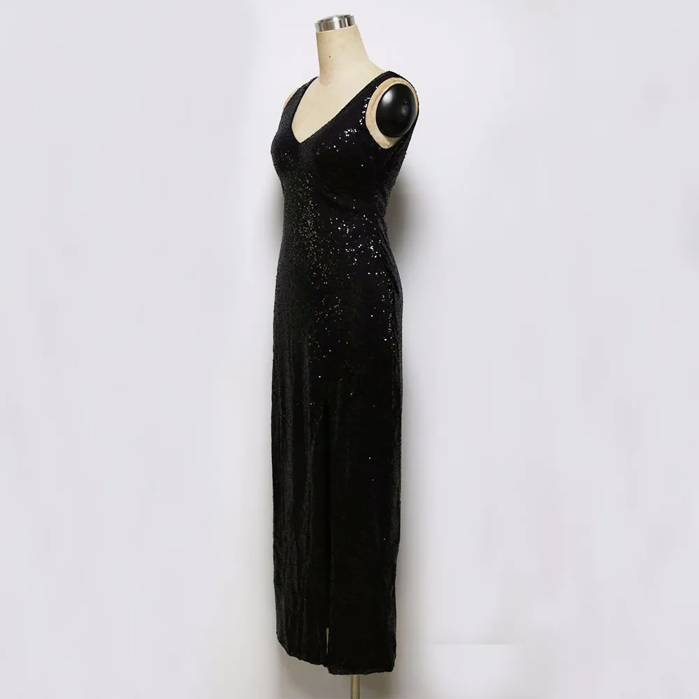Reaqka Women Maxi party dresses Evening Paillette Robe Sexy club Black summer sundress long v neck Elegant Sequin Dress XL