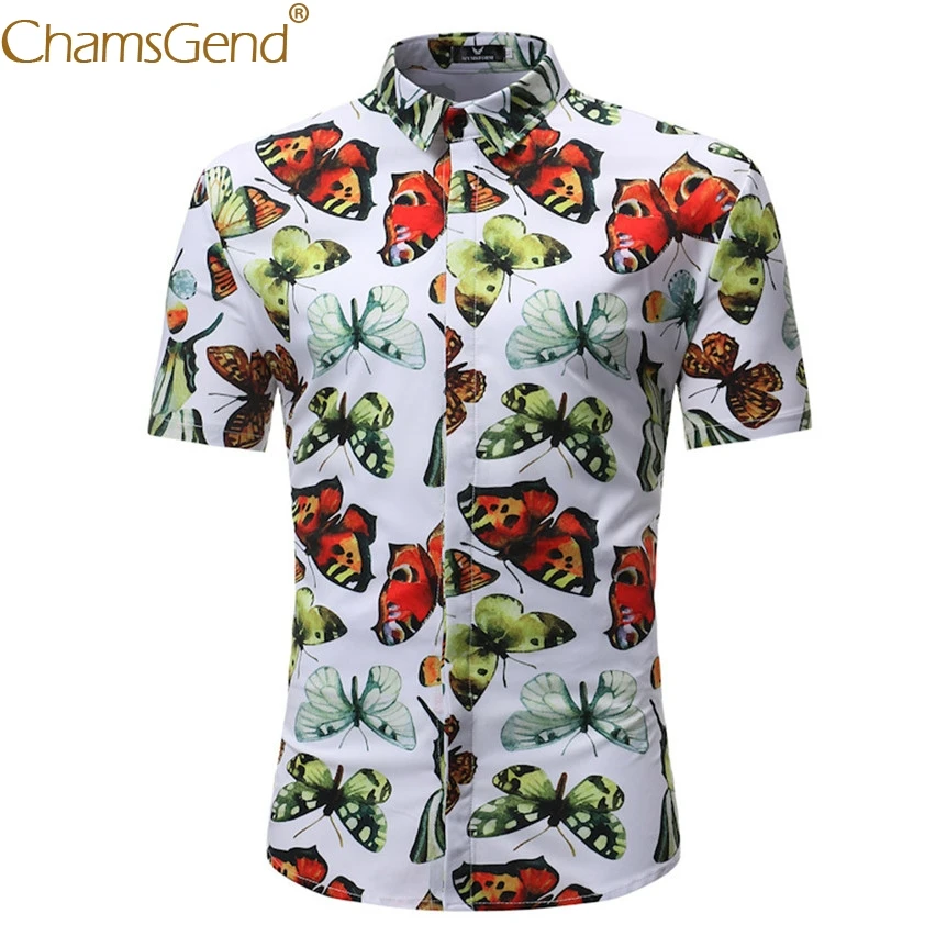 Brand New Men Fashoin Butterfly Print Fancy Blouse Summer Turn Down Collar Short Sleeve Slim Fit Man Tee Shirt #801 | Мужская одежда