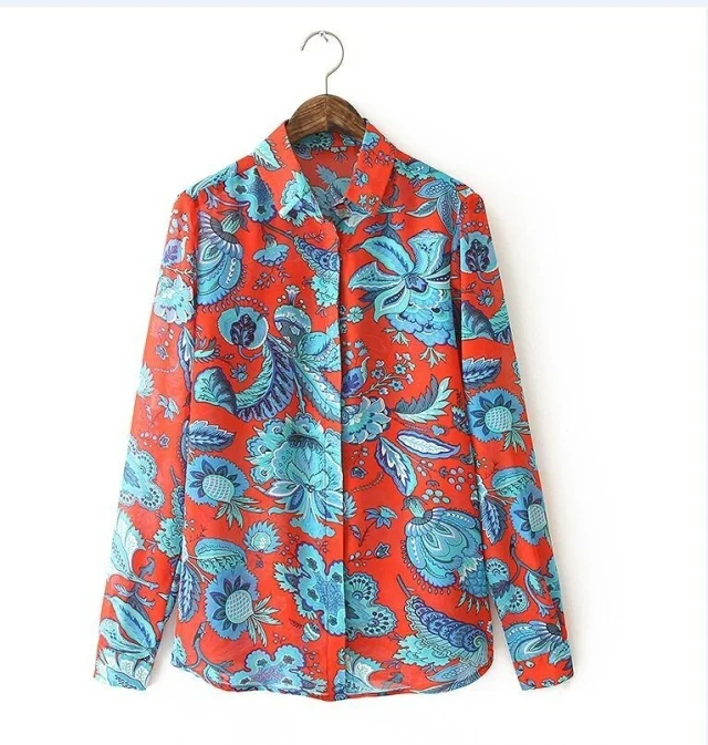 Women red floral print blouses vintage turn down collar long sleeve office work shirts casual loose tops LT231 |