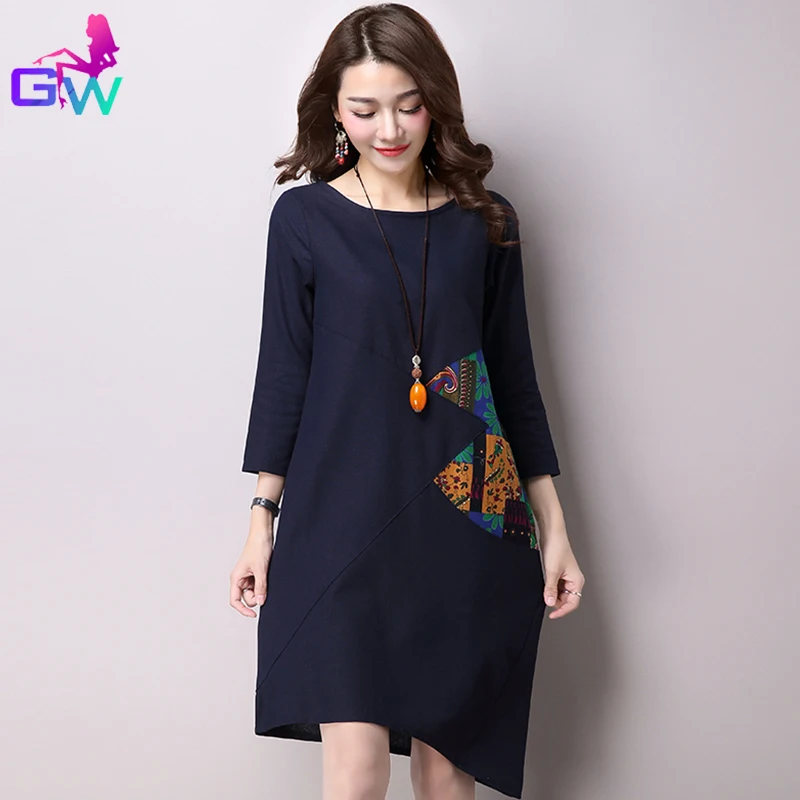 Женщины Хлопок Белье Платье 2016 Весна Осень Старинные Лоскутное Платья Три