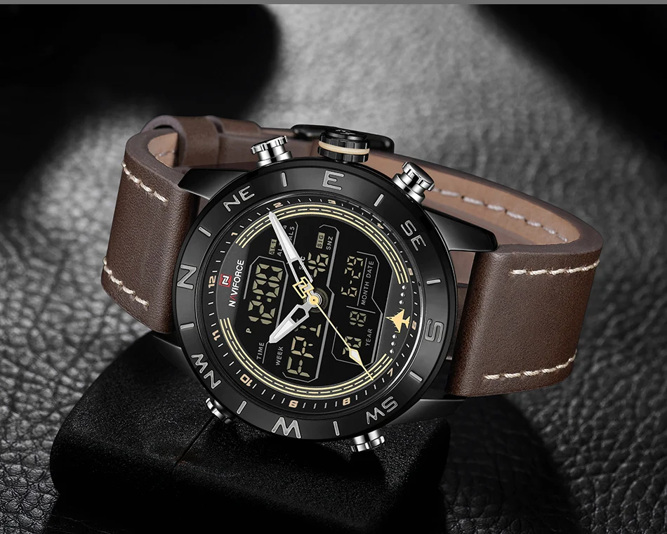 NAVIFORCE, модные мужские спортивные часы, светодиодный, аналоговые, цифровые наручные часы, военные, кожаный ремешок, кварцевые часы, Relogio Masculino