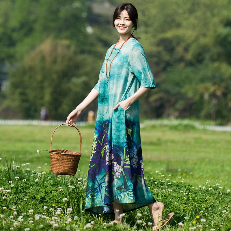 Женское винтажное платье макси свободное в ретро стиле с цветочным принтом