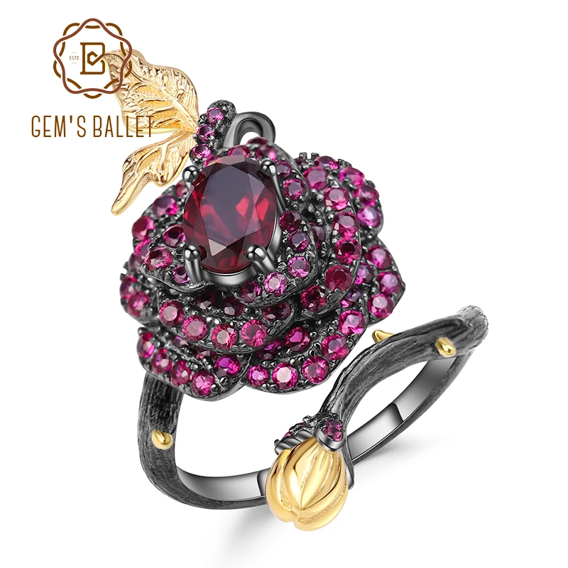 GEM'S BALLET 1.00Ct натуральный родолит гранат цветок розы Открытое кольцо 925 пробы Серебряное регулируемое кольцо ручной работы для женщин Bijoux