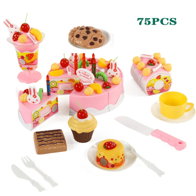 75PCS pink 75 шт. DIY разрезание торта ко дню рождения кухонная игрушечная еда ролевая игра Кухня игрушка розовый синий подарок для девочек для детей - Цвет: 75PCS pink
