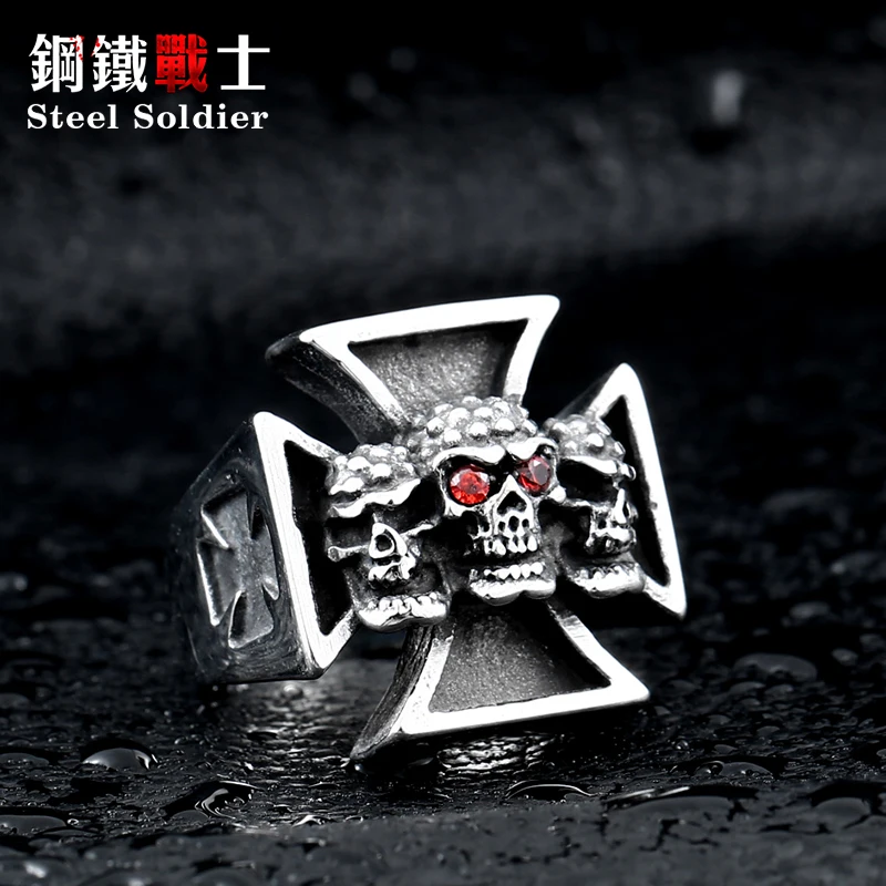 Мужское стальное кольцо с тройным черепом железным крестом из нержавеющей стали