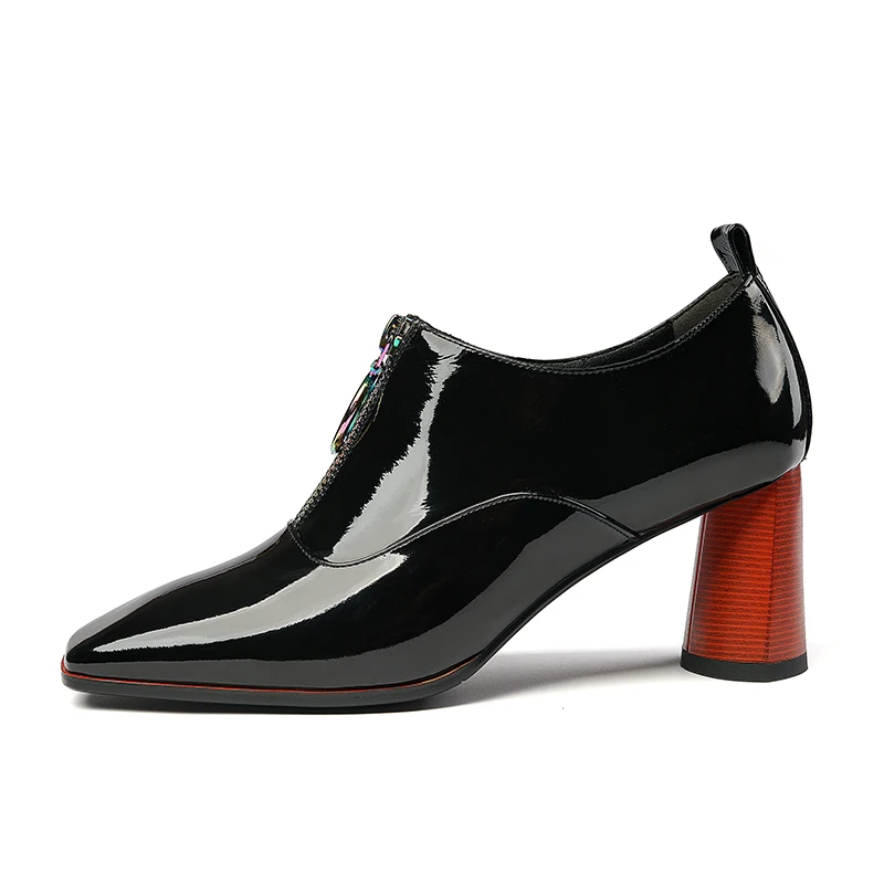 ISNOM High Heels Thick Pumps Women Patent Leather Pumps Colorful Zip Shoes Female Square Toe Party Shoes Autumn New Black