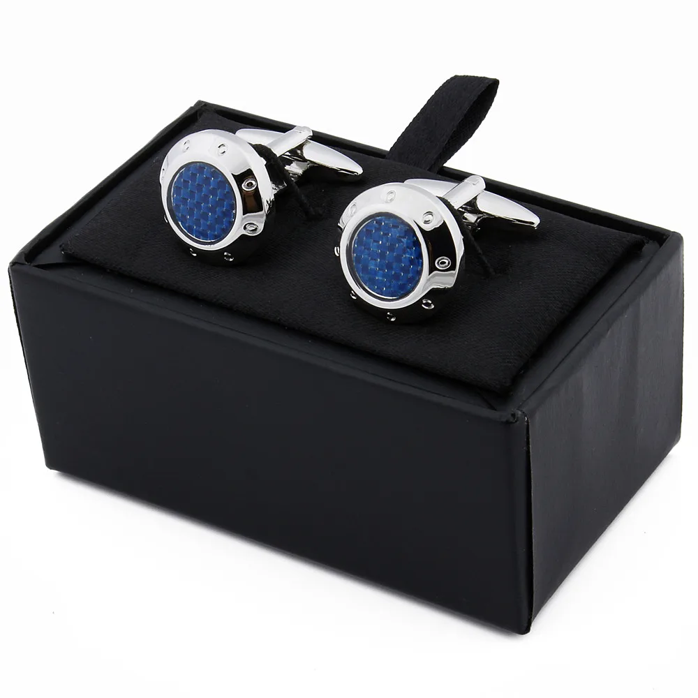 Эмаль с синей углеродистой тканью круглая Мужская рубашка Запонки платье