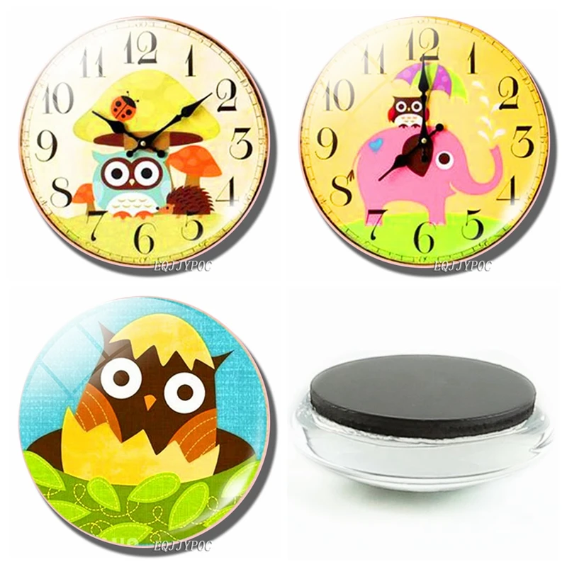 Cartoon Owl Watch 30MM Fridge Magnet Cute Mushroom Hedgehog Glass Dome Magnetic Refrigerator Stickers Note Holder Home Decor | Дом и сад