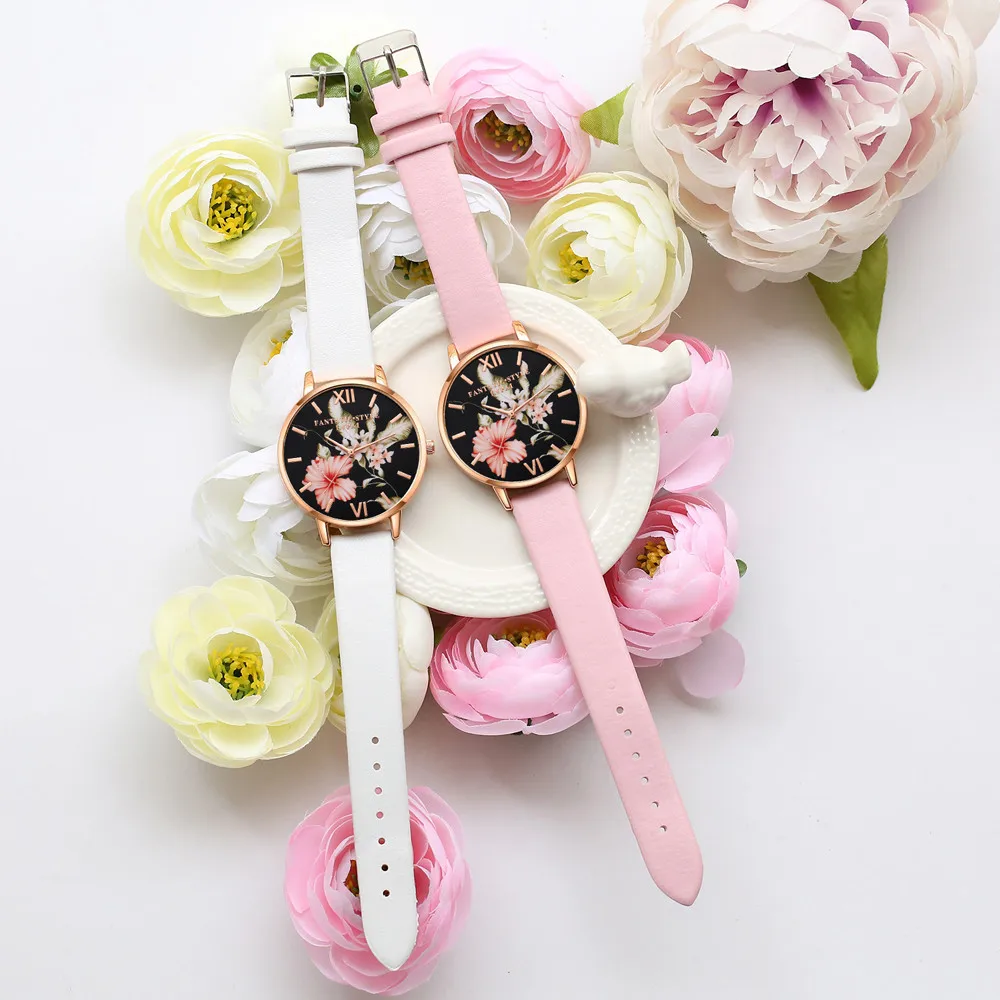 Женские часы цветок модный кожаный браслет Аналоговые кварцевые круглые