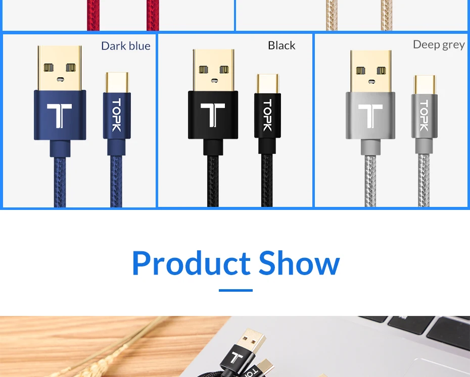 Кабель TOPK usb type-C с нейлоновой оплеткой для синхронизации данных и USB-C, зарядный кабель для samsung Galaxy S9 S8 XiaoMi 8 5X, кабель для мобильного телефона, 5 шт. в упаковке