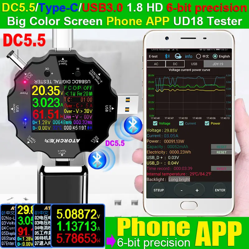 Цифровой USB тестер DC5.5 3.0 Type C 18 в 1 Вольтметр постоянного тока измеритель