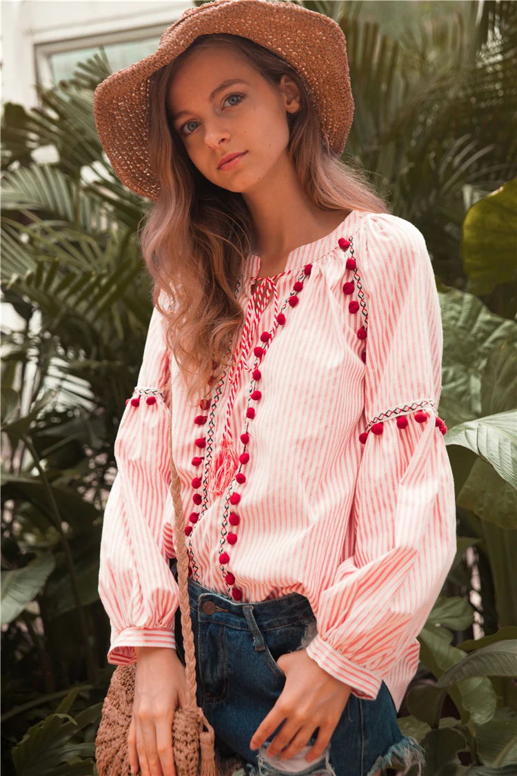 Khale Yose летние рубашки для женщин с длинным рукавом Свободные вышивка Boho Топы и блузки хиппи шик полоса Женская хлопчатобумажная блузка
