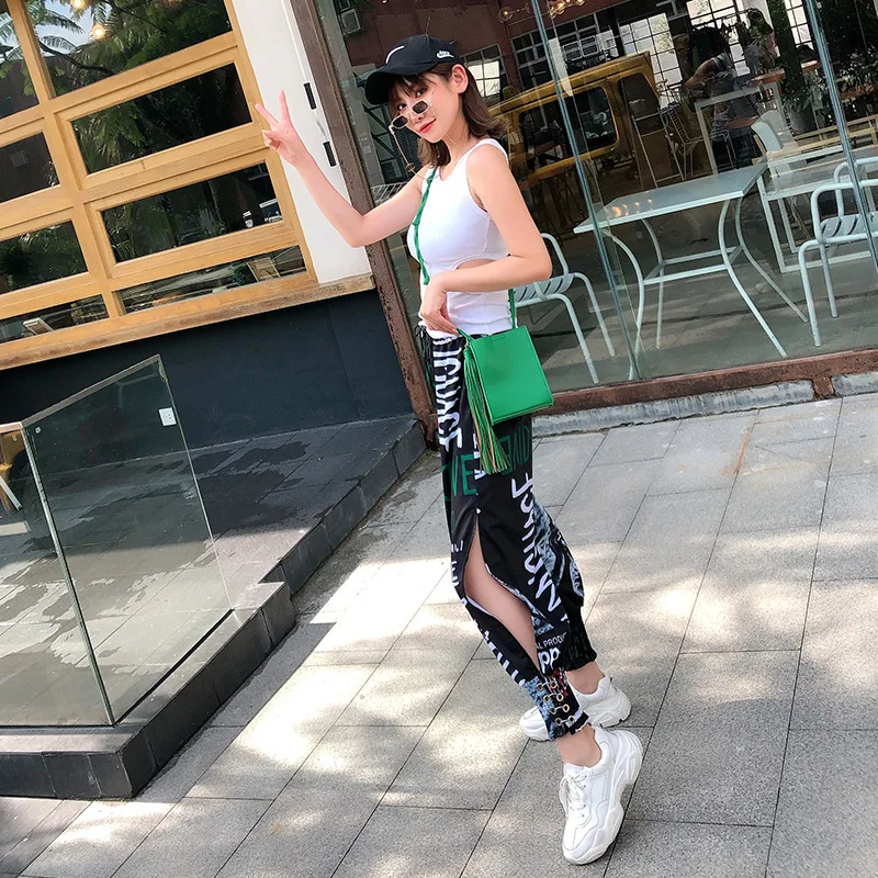 QING MO Women Letter Print High Waist Trousers Summer Fork Casual Loose 2019 ZQY942 |
