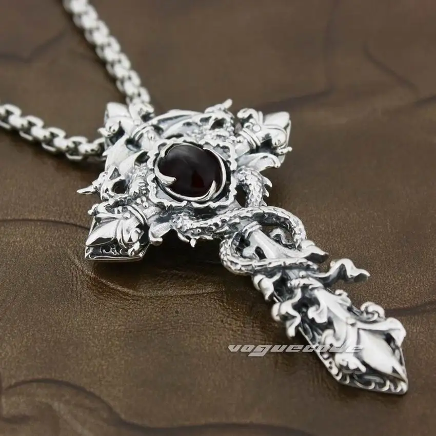 Кулон с фианитами серебряный дракон шпагат крест меч мужской Байкер рок панк