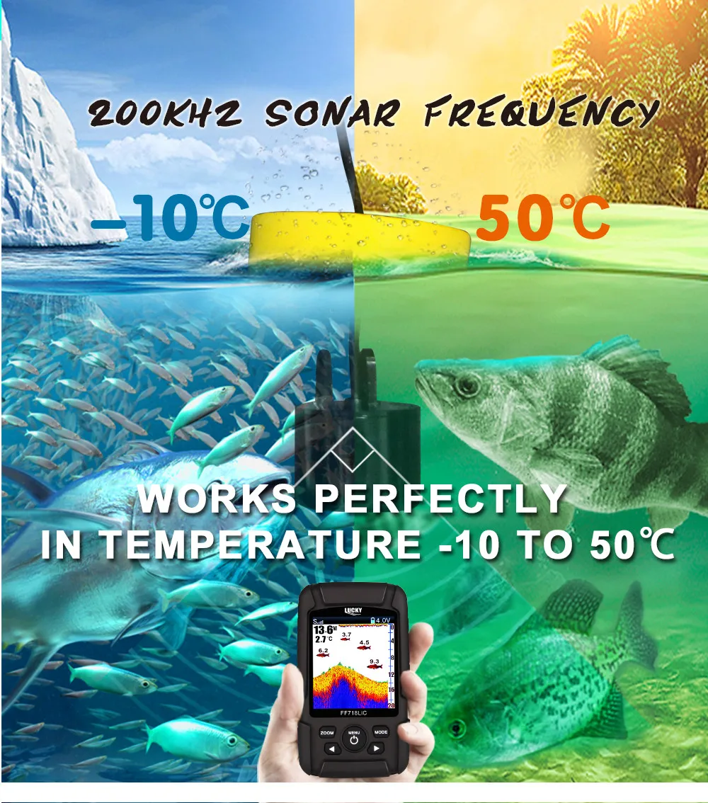 LUCKY Sonar для рыбалки, эхолот, портативный беспроводной Искатель глубины, беспроводной эхолот, гидролокатор, цветной датчик, 2," ЖК-FF718LiC-T