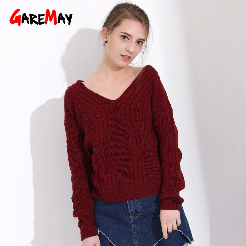 Autumn Sweaters For Women Off Shoulder Sweater Backless Winter Warm Womens V Neck Pink Ladies Pullover Long Sleeves | Женская одежда