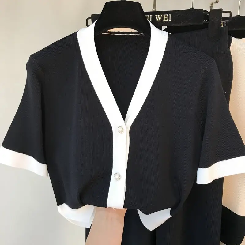 Женский эластичный вязаный комплект из 2 предметов однобортный Кардиган в