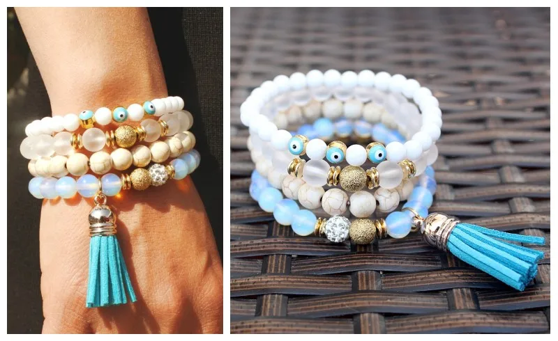 

2016 new white stone beads multi layer bracelet bangles vintage jewelry boho style tassel bangles women for party jewlery