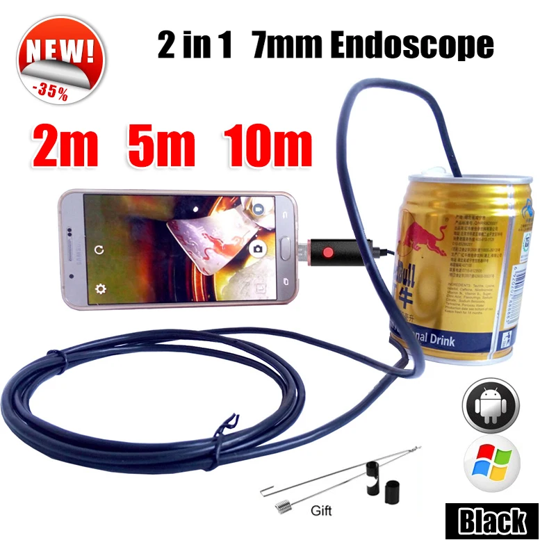 Antscope черный 7 мм змея USB Android эндоскопическая Камера 2IN1 телефона 2 м 5 10 MicroUSB endoskop OTG
