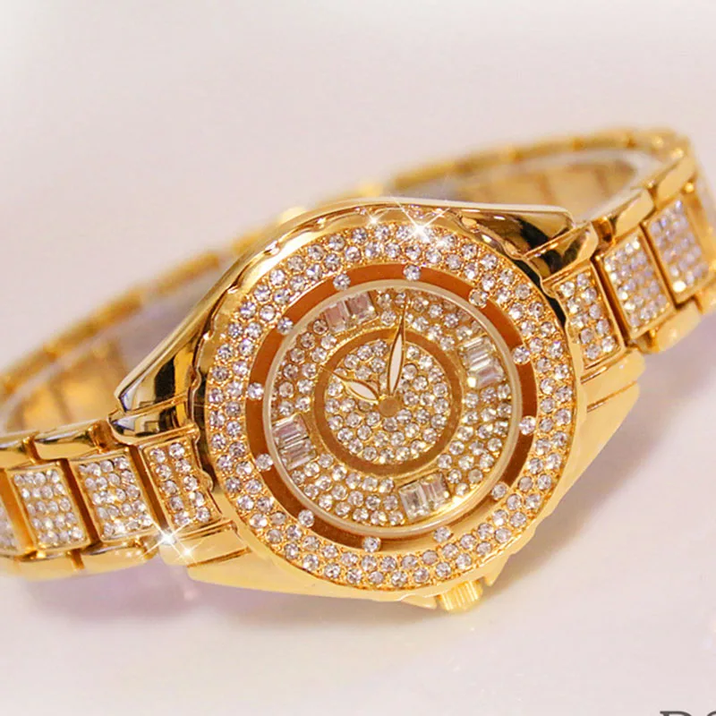 Horloge Dames женские часы Лидирующий бренд горячая распродажа Роскошные часы с кристаллами Модные женские кварцевые часы женские наручные часы Reloj - Цвет: Yellow Gold-Big