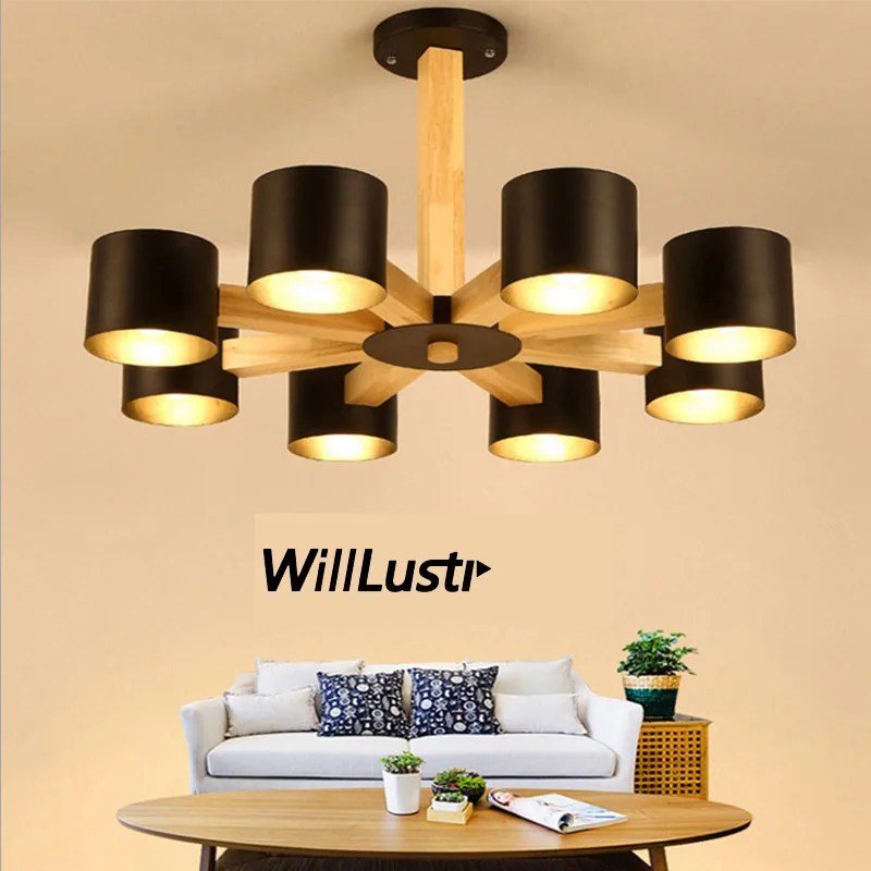 

Modern Semi Flush Mount Ceiling Lamp Wood Iron LED Light Restaurant Hotel Villa Sitting Room Bedroom Creative Wooden Lighting