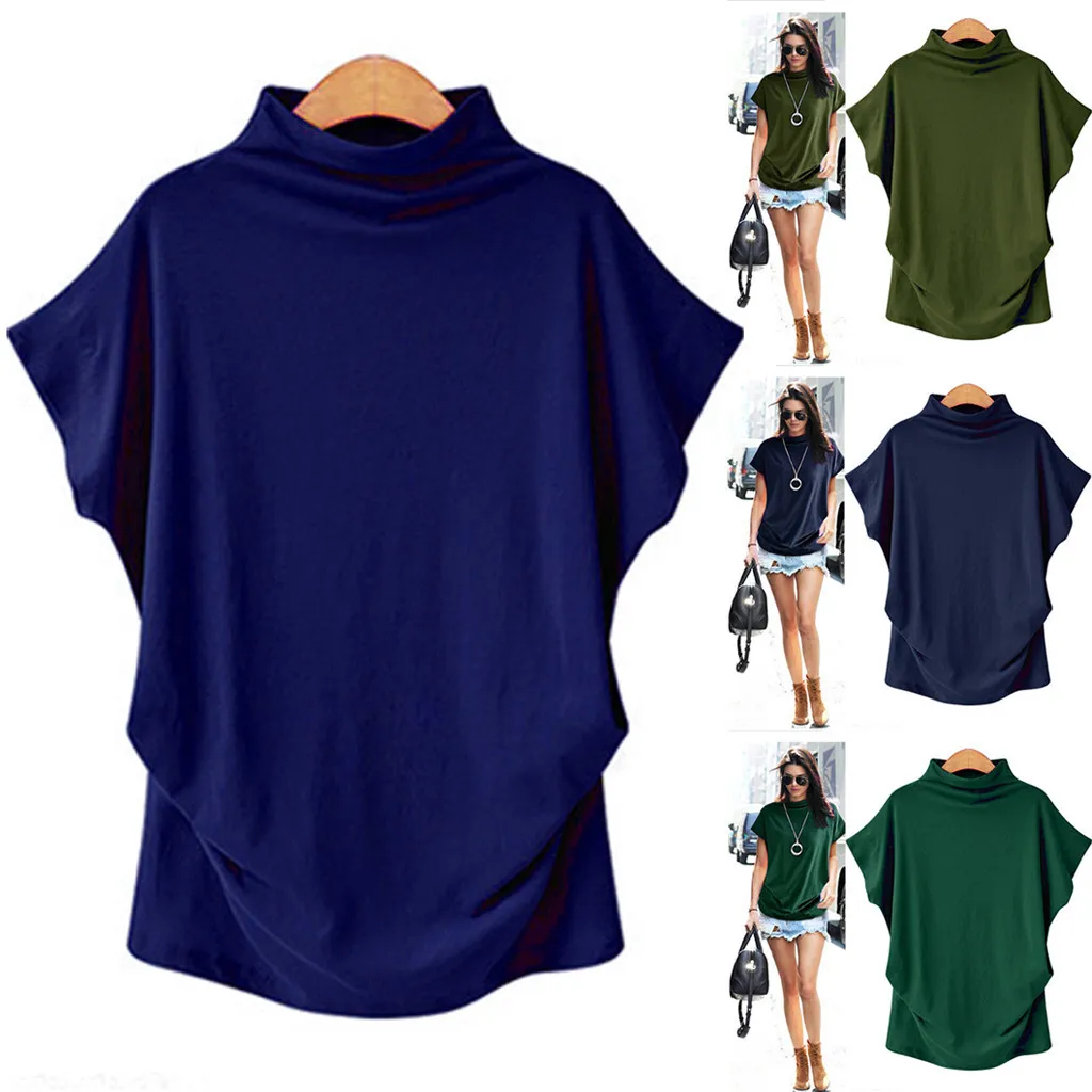 Летняя футболка размера плюс S-6XL, Женская водолазка из плотной шерстяной ткани с коротким рукавом, повседневный Топ, новая мода, N4