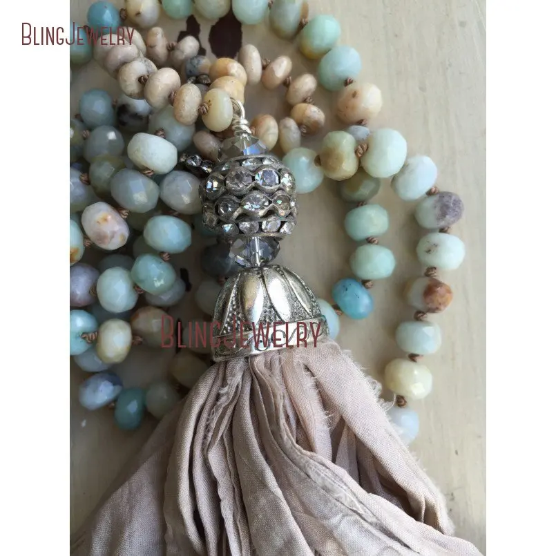 Shabby Bohemian Necklace Pink Sari Silk Tassel Knoting Mint and Tan Rondelles Amazonite Beads Necklace NM18228