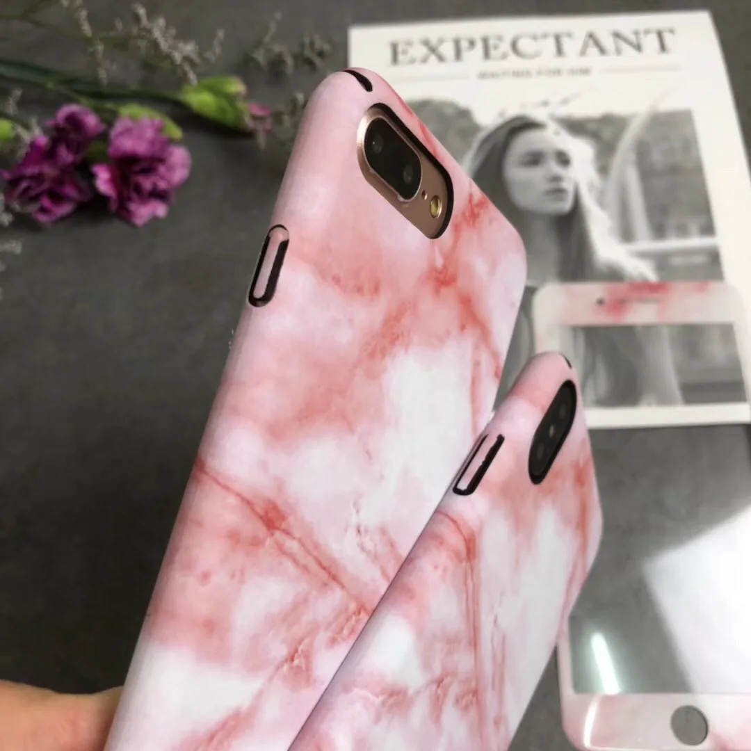 For iPhone X Marble Case + Tempered Glass matte hard PC back Cover for 7/ 7plus / 8/ 6s plus Screen color film fundas |