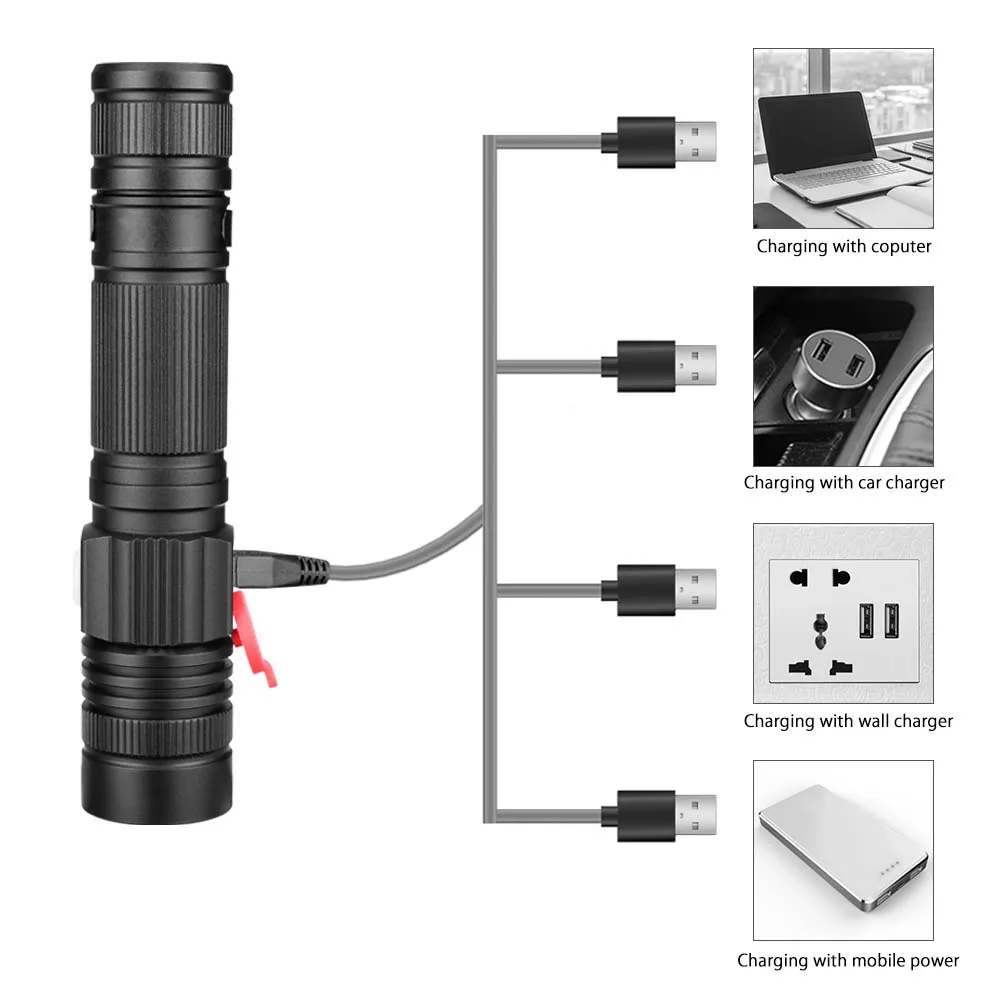 Sanyi зарядка через USB сплав фонарик мощный светодиодный мини с зумом