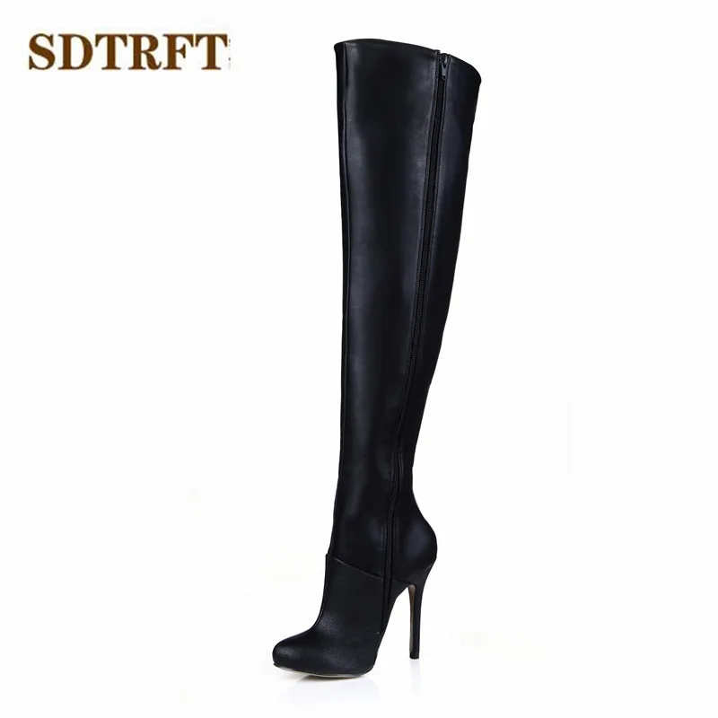 

SDTRFT Spring Autumn Fashion botas mujer 12cm thin heels Over The Knee boots Motorcycle shoes Woman Party warm pumps Plus:35-43