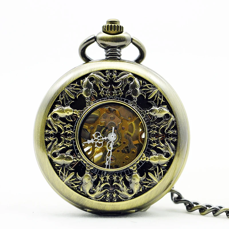 Antique Exquisite Pet Fish Hollow Relief Mechanical Pocket Watch Vintage Gentleman Style Accessories Pendant Necklace Clock