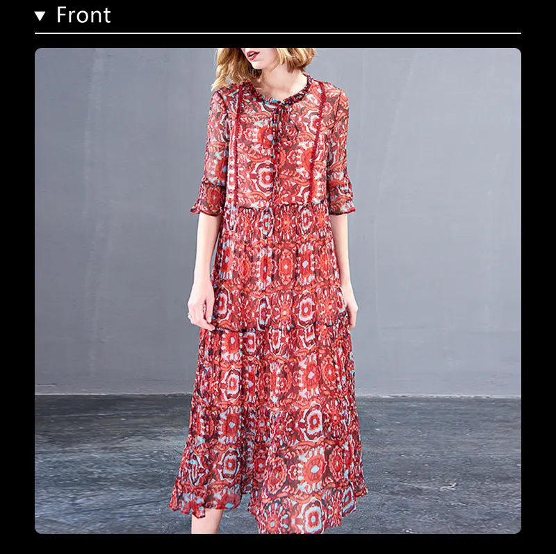 Novmoop European floral printed large size half-sleeve natural silk women dress for office outdoor robe en soie natural LT2778