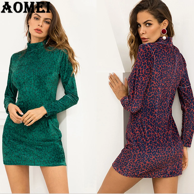 Mini Dress Velvet Long Sleeve Slim Autumn Fashion Leopard Printing for Women Dresses Casual Wear Retro Sheath Tunics Clothing | Женская