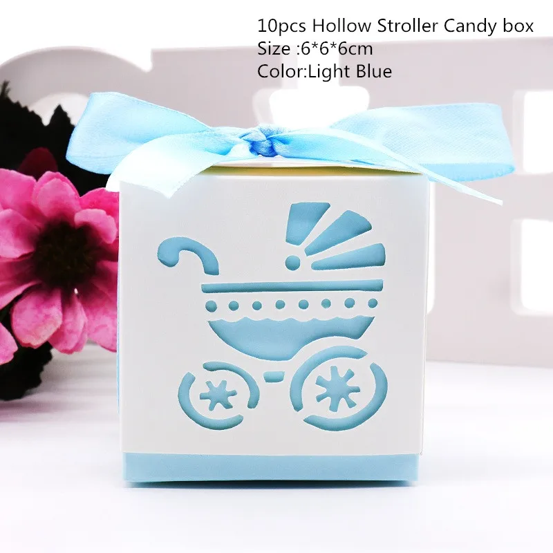 Stroller Light Blue 10 шт., украшение душевой кабины для малышей, Детская конфетная коробка, детский день рождения для мальчиков и девочек, вечерние, розовые/синие, с лазерной огранкой, Подарочная коробка для коляски - Цвет: Stroller Light Blue
