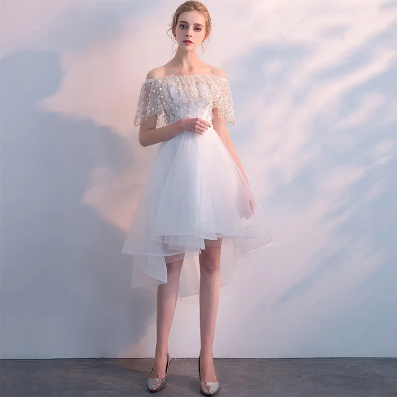 Robe de soiree новое белое кружевное платье с открытыми плечами вечернее платье короткое спереди длинное сзади платье для выпускного вечера - Цвет: White