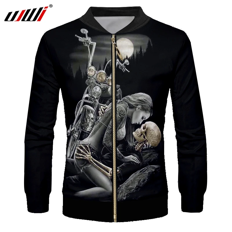 Мужская куртка на молнии UJWI черная Повседневная с вышитым черепом и 3d принтом