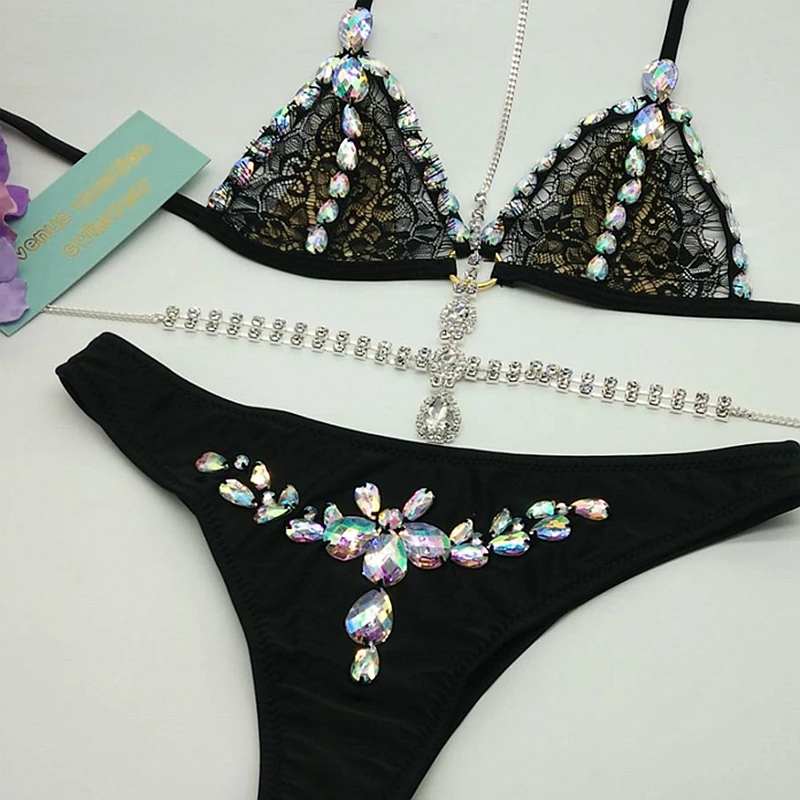 

Venus Vacation bikini 2018 new sexy lace bikini set diamond swimwear women bathing suit necklace bling stones biquini