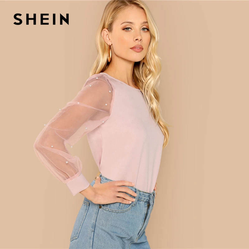 SHEIN Блузка С Прозрачными Рукавами Бусинами Нарядная Длинными Сетчатыми Рукавами|