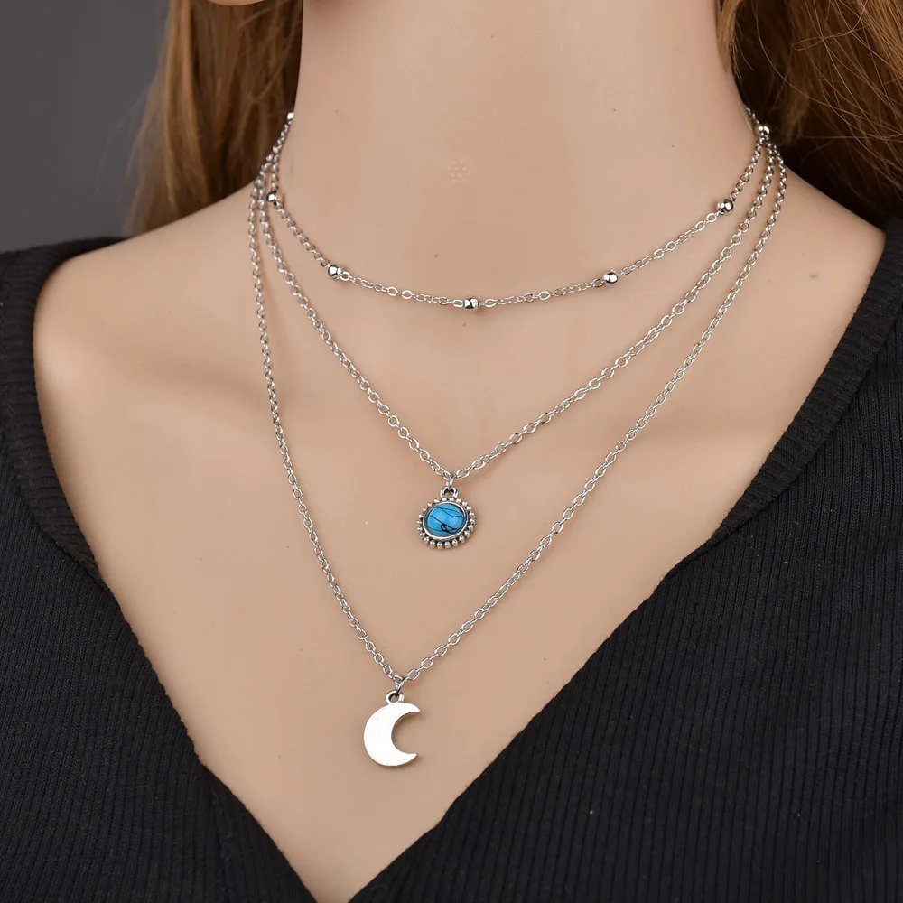 

Korean Version Of The Hot Fashion New Pendant Necklace Wild Temperament Popular Moon Three-layer Ladies Necklace Wholesale Sales