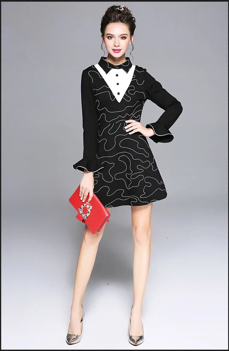 2017 осень зима дамы Большие размеры контрастного цвета элегантное платье